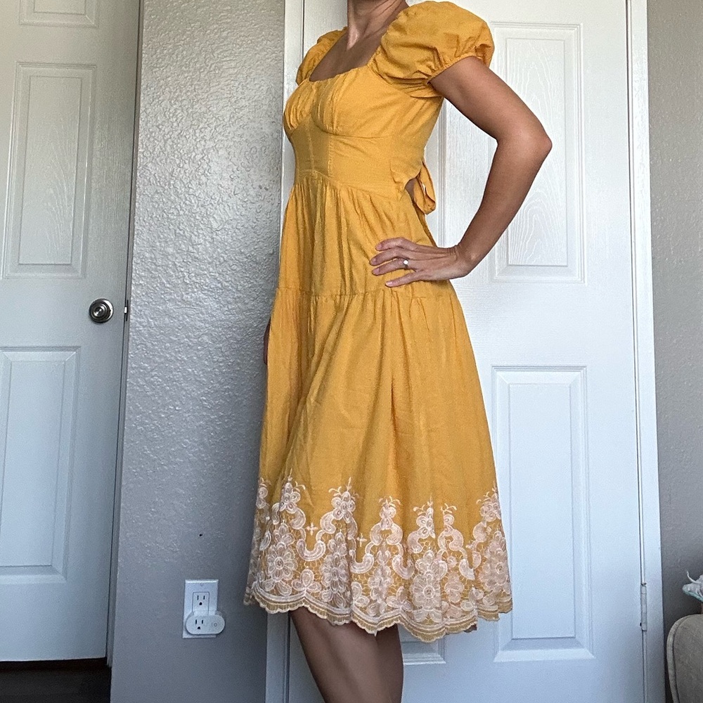 Yellow Midi Dress with Embroidered Hem